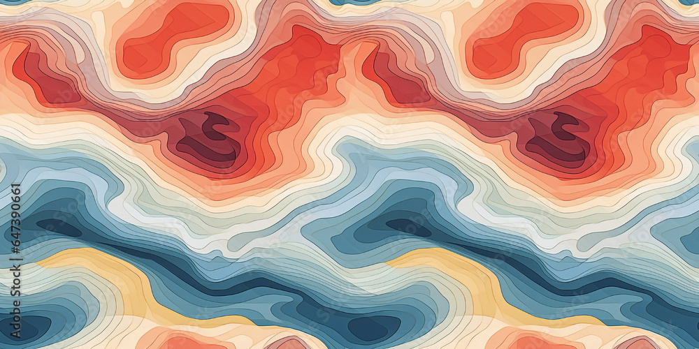 Color topographic map with a repeating seamless pattern. Abstract background with red, blue and yellow waves. Color topographic map with a repeating seamless pattern. Abstract background with red, blue and yellow waves.