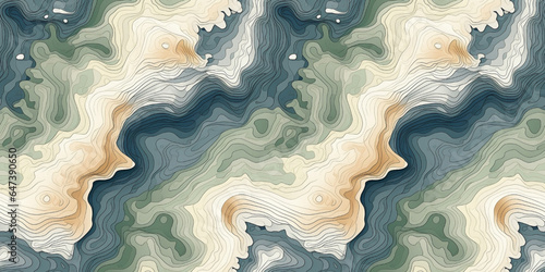 Color topographic map with a repeating seamless pattern. Abstract background with blue and green waves with beige.