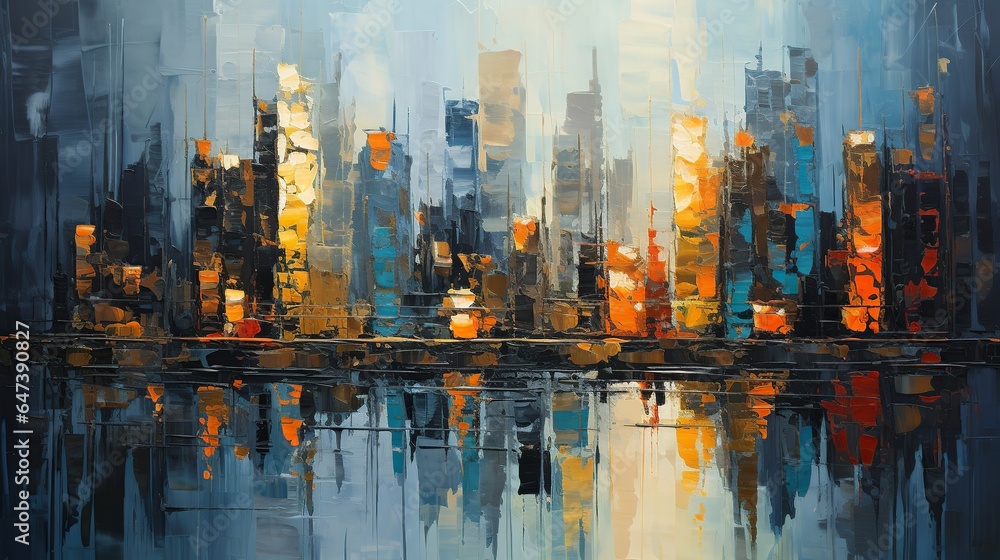 An acrylic painting with a palette knife technique depicting an abstract cityscape with towering buildings. Perfect for wall decoration, backgrounds, and backdrops, providing space for text.