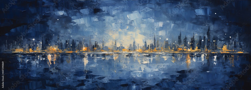 Abstract cityscape painting featuring buildings, crafted with a palette knife technique in acrylic paint. Ideal for wall decor, backgrounds, backdrops, with available space for text