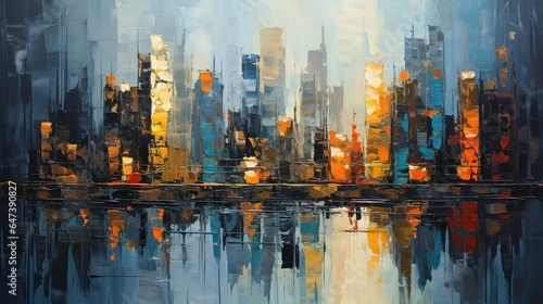 An acrylic painting with a palette knife technique depicting an abstract cityscape with towering buildings. Perfect for wall decoration, backgrounds, and backdrops, providing space for text.