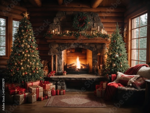 Foto fireplace with christmas decorations in a cozy log house cabin