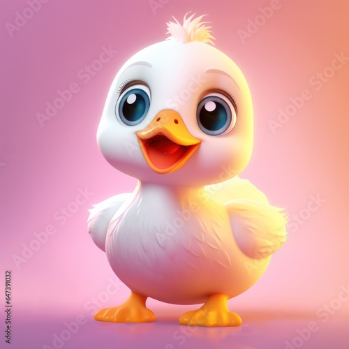 Duckling, Little duck, Cute Baby Animal forward looking on pastel pink purple background. Happy smiling young little duck with yellow feathers.