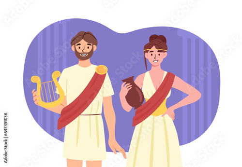 People greeks concept. Man and woman with amphora and harp. History, traditions and culture. Young guy and girl in ancient clothes. Poster or banner. Cartoon flat vector illustration