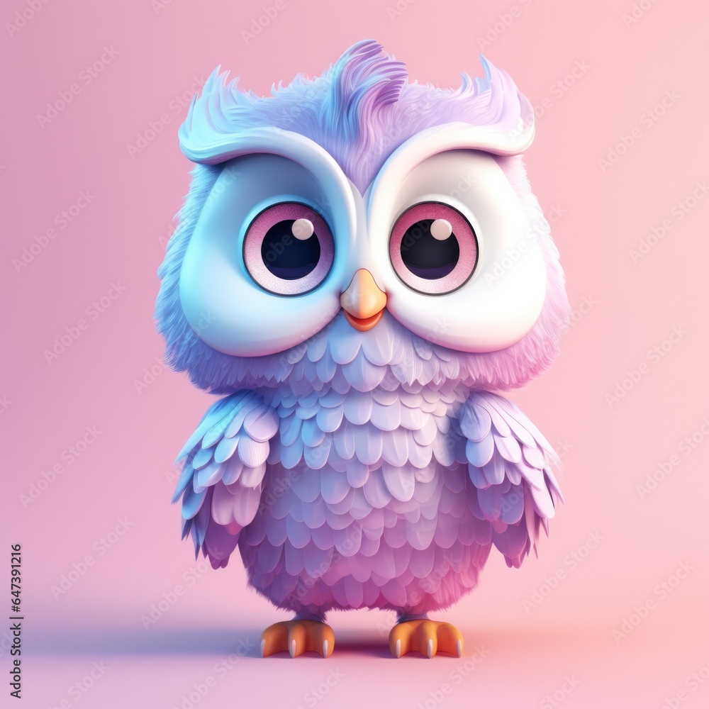 Cute pink violet fluffy pastel happy owl with big eyes standing and looking at the camera. Cartoon style character bird on pastel pink background.