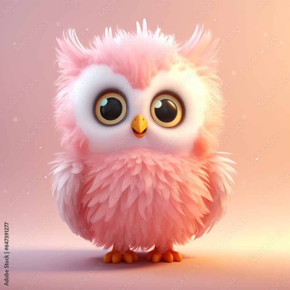 Cute pink violet fluffy pastel happy owl with big eyes standing and looking at the camera. Cartoon style character bird on pastel pink background. Cute pink violet fluffy pastel happy owl with big eyes standing and looking at the camera. Cartoon style character bird on pastel pink background.