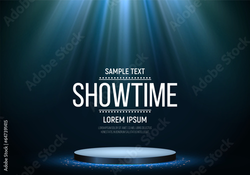 Round podium illuminated by spotlights. Empty pedestal for award ceremony or presentation. Vector illustration.