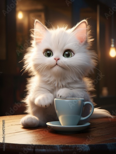Cute fluffy cat drinking a cup of coffee. Little cat drinking coffee on the table with warm lights on background. Twilight, cozy and warm. For sweet prints posters cards postcards banners books.