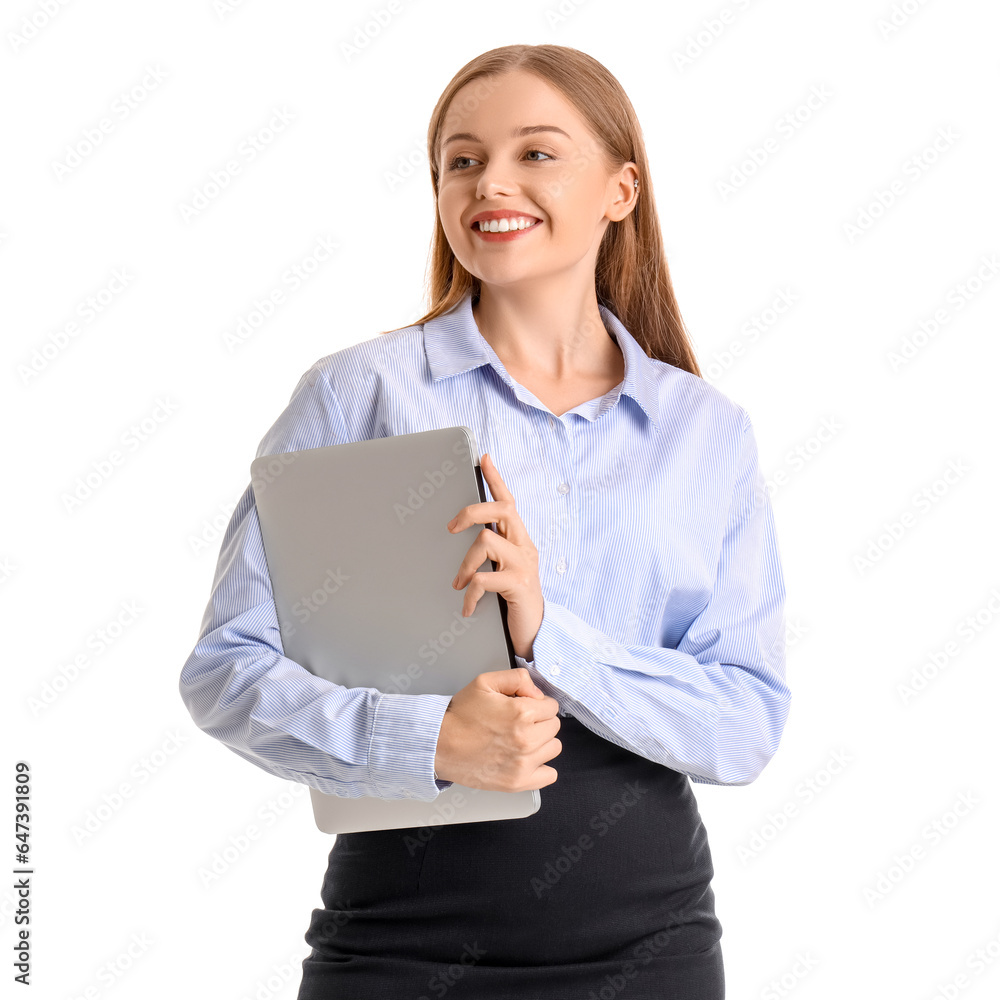 Pretty young businesswoman with laptop isolated on white background Pretty young businesswoman with laptop isolated on white background