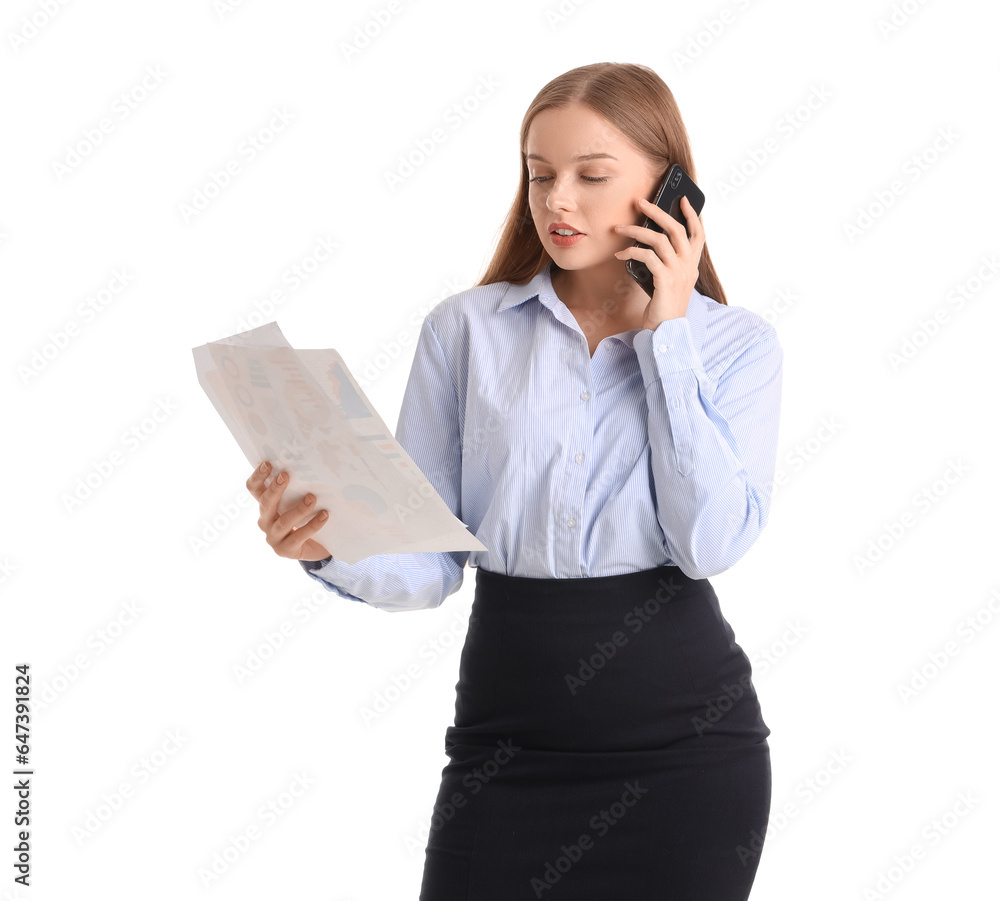 Pretty young businesswoman with papers talking by mobile phone on white background Pretty young businesswoman with papers talking by mobile phone on white background