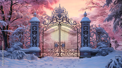 Snow hugging the ornate curves of a garden wrought iron gate photo