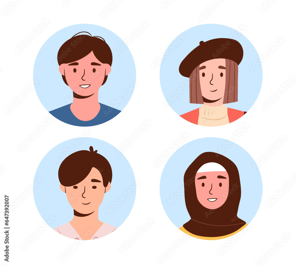 Set of users avatars concept. Men and women from different cultures and ethnicities. Interface for social networks and messengers. Cartoon flat vector collection isolated on white background Set of users avatars concept. Men and women from different cultures and ethnicities. Interface for social networks and messengers. Cartoon flat vector collection isolated on white background