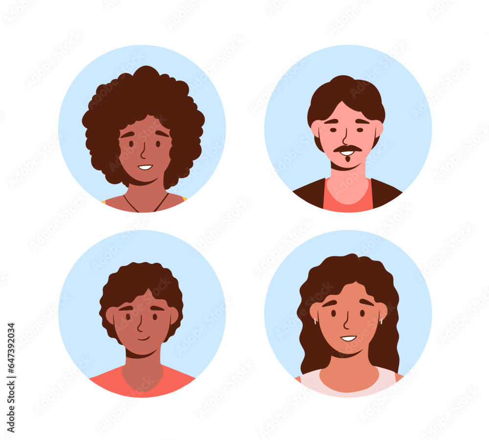 Set of users avatars concept. Men and women from different cultures and ethnicities. Tolerance and friendship. Template, layout and mock up. Cartoon flat vector collection isolated on white background Set of users avatars concept. Men and women from different cultures and ethnicities. Tolerance and friendship. Template, layout and mock up. Cartoon flat vector collection isolated on white background