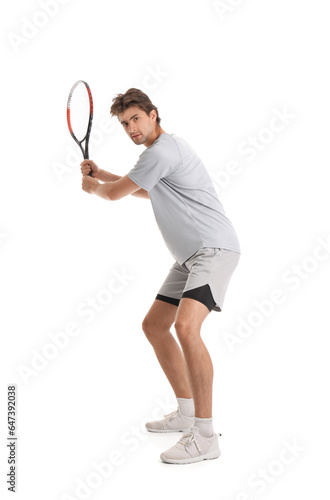 Young tennis player with racket isolated on white background © Pixel-Shot