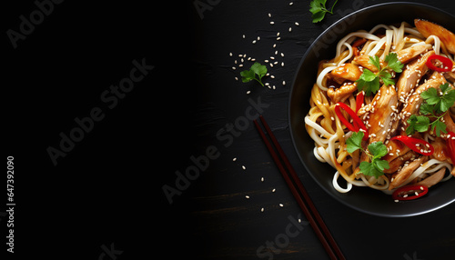 noodles with chicken meat and sesame in bowl on dark stone background copy space