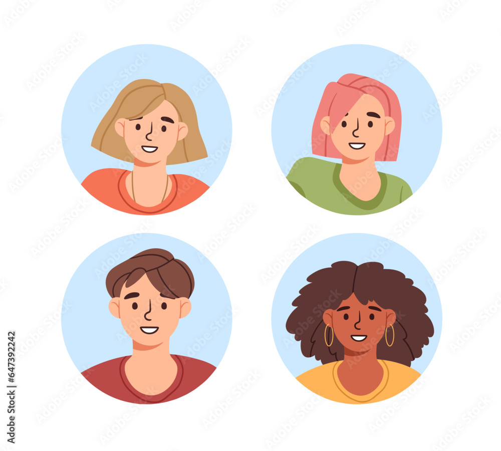 Set of users avatars concept. Men and women from different cultures. Society with various ethnicity. Poster or banner for website. Cartoon flat vector collection isolated on white background Set of users avatars concept. Men and women from different cultures. Society with various ethnicity. Poster or banner for website. Cartoon flat vector collection isolated on white background
