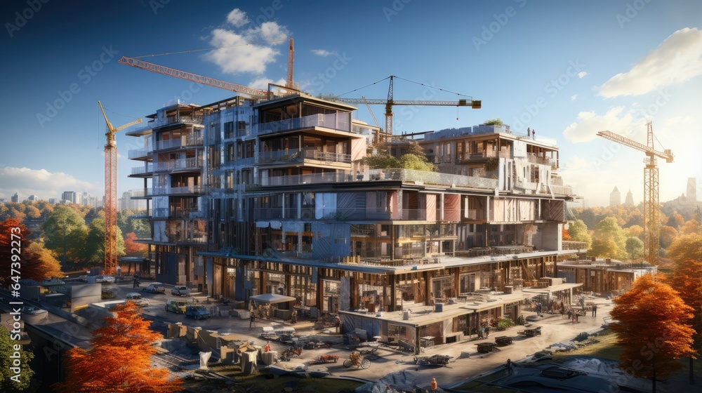 Fototapeta premium Construction site with tower crane and excavator Residential building construction