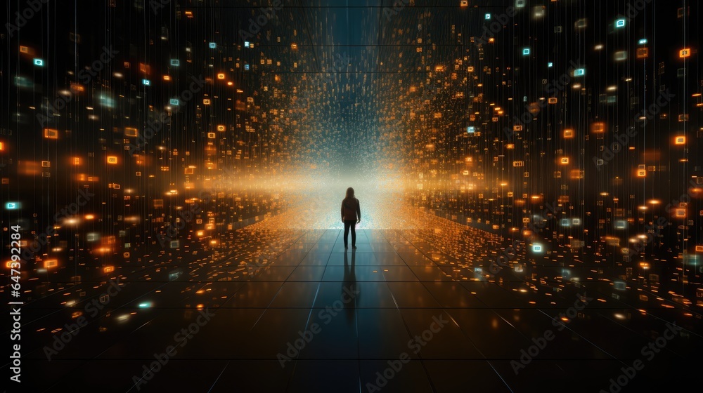 person surrounded by floating data points, highlighting the need for individuals to safeguard their personal information in the digital age.