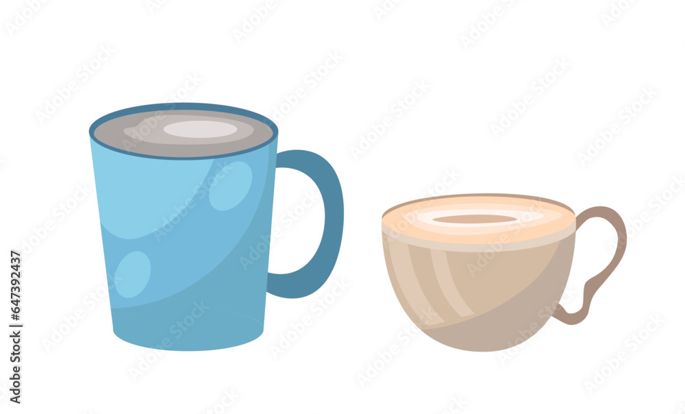 Set of cups concept. Pack of colorful mugs for hot drinks. Tea or coffee. Dishware and kitchen utensil. Poster or banner. Cartoon flat vector collection isolated on white background Set of cups concept. Pack of colorful mugs for hot drinks. Tea or coffee. Dishware and kitchen utensil. Poster or banner. Cartoon flat vector collection isolated on white background