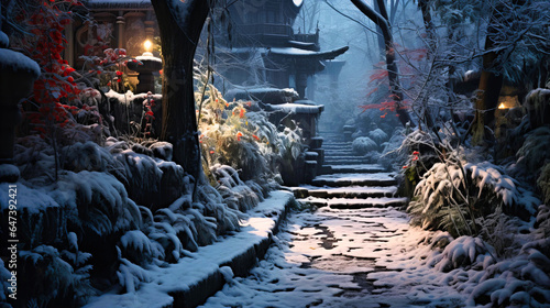 Snow blanketing the rough surface of a garden's stone pathway,