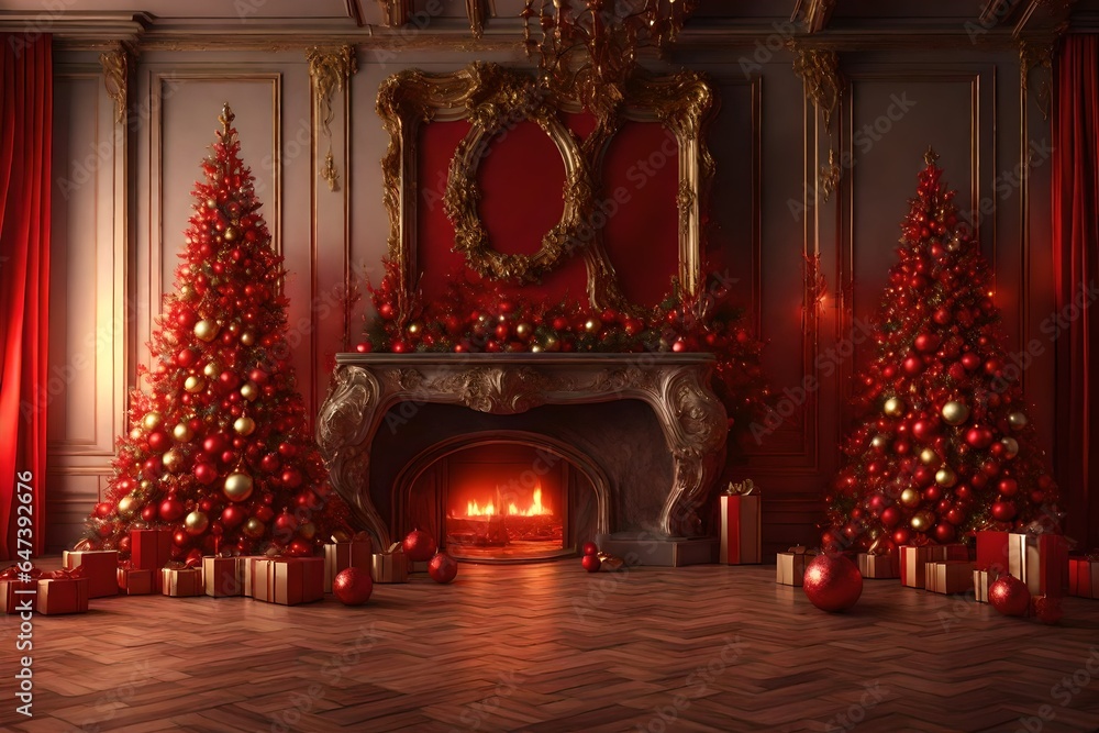 Fireplace in baroque style between Christmas trees decorated with red ornaments.