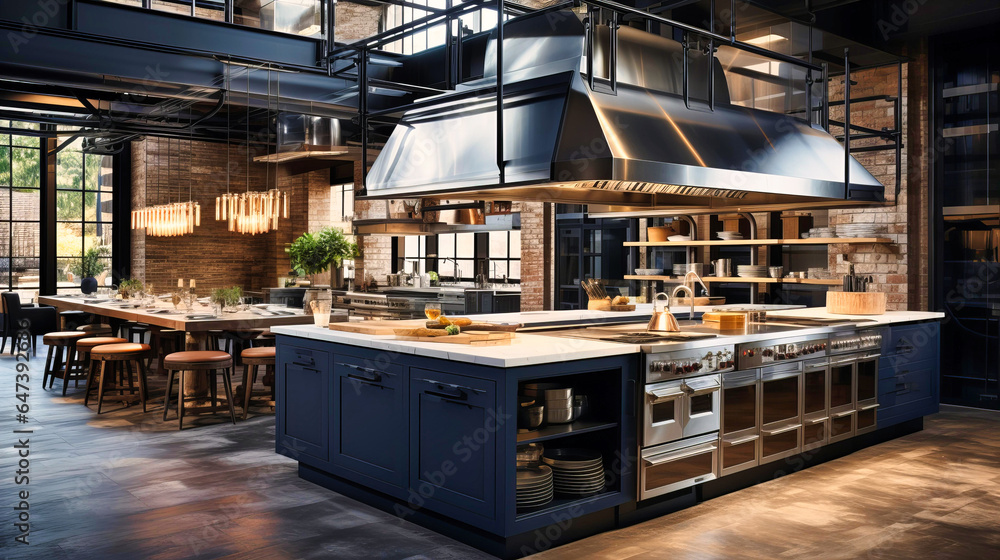 Industrial kitchens featuring stainless steel fixtures and hanging pot racks