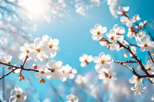Beautiful floral spring abstract background of nature. Branches of blossoming apricot macro with soft focus on gentle light blue sky backgroun
