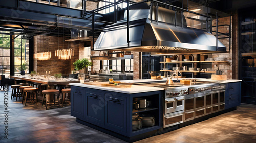 Industrial kitchens featuring stainless steel fixtures and hanging pot racks