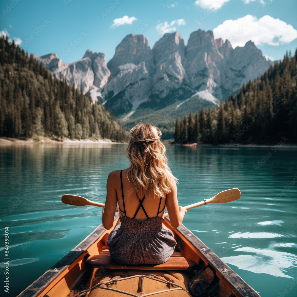 beautiful woman on her back on a kayak over a lake and big mountains
