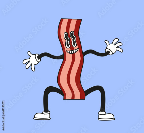 Retro bacon sticker concept. Back to 80s and 90s. Abstract and weird character. Meat with legs and hands. Poster or banner. Cartoon flat vector illustration isolated on blue background