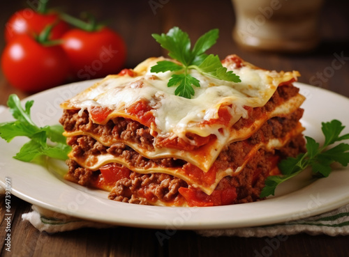 lasagne with beef veal and tomato in white plate