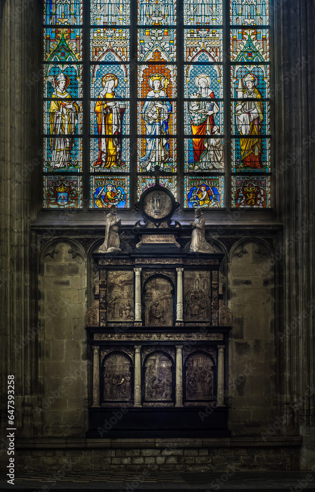 Baroque Altar with stained glass window as a backround in Notre-Dame du Sablon Church in Brussels