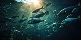 Large school of various fish, underwater sea shot from below. Generative AI