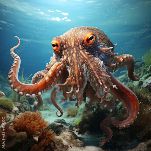 Octopus on a plain background, a terrifying animal with tentacles and suckers. order of cephalopods.