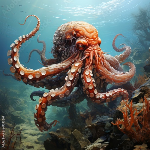 Octopus on a plain background, a terrifying animal with tentacles and suckers. order of cephalopods.