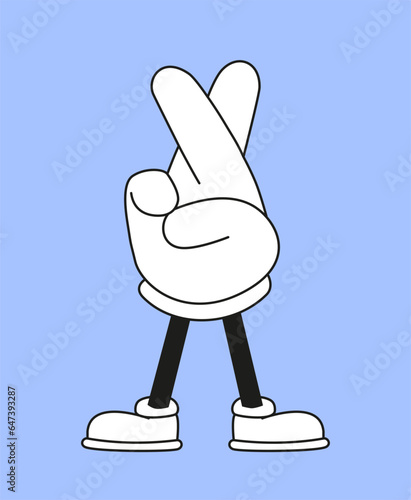 Retro hand sticker concept. Back to 80s and 90s. Character with crossed fingers. Emotions, feelings and gestures. Social media sticker. Cartoon flat vector illustration isolated on blue background