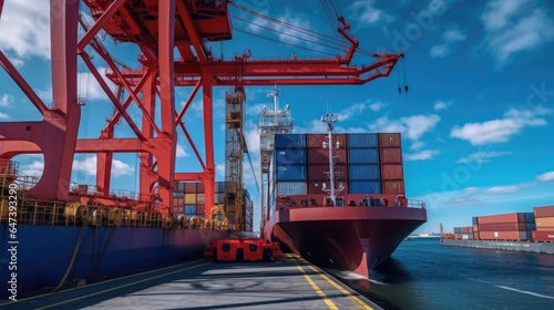 Container Loading process on cargo ship with ship crane, bright blue sky background