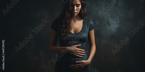 Pregnant woman on black background. Theme of loss of a child. Place for text. Generative AI