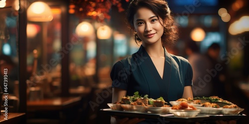 Beautiful woman waitress in an Asian restaurant close-up. Generative AI