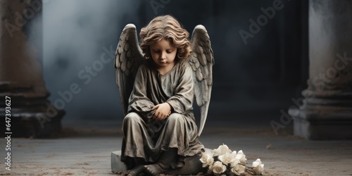 Sculpture of a sad angel on a black background, religious statue, monument. Generative AI 