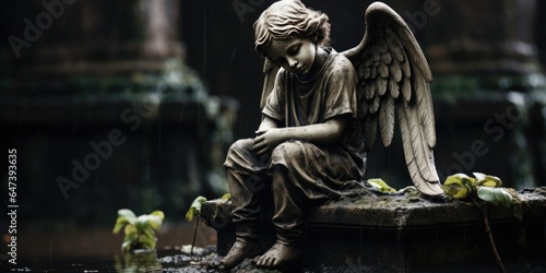 stone statue of a small child angel made of stone, sad angel, theme of loss 