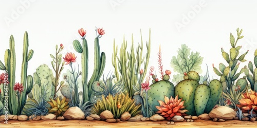Horizontal shot of blooming cacti on white background. Watercolor. Generative AI