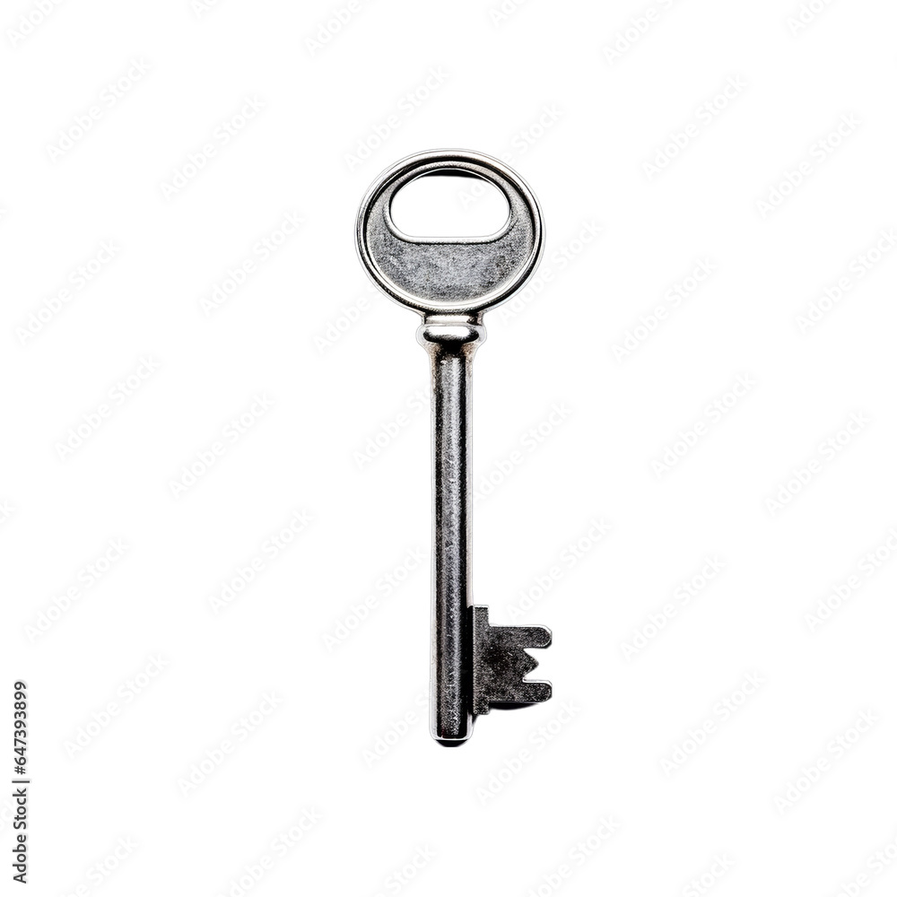 A shiny metal key on a clean white background A shiny metal key on a clean white background