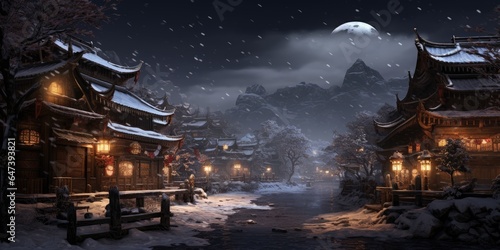 Beautiful winter landscape with an old pagoda in Asian style. Generative AI