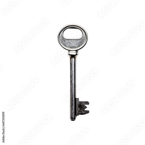 A shiny metal key on a clean white background