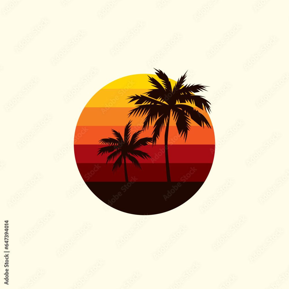 Original vector illustration in vintage style. Palm trees on the sunset background in the retro style of the 80s. T-shirt design.