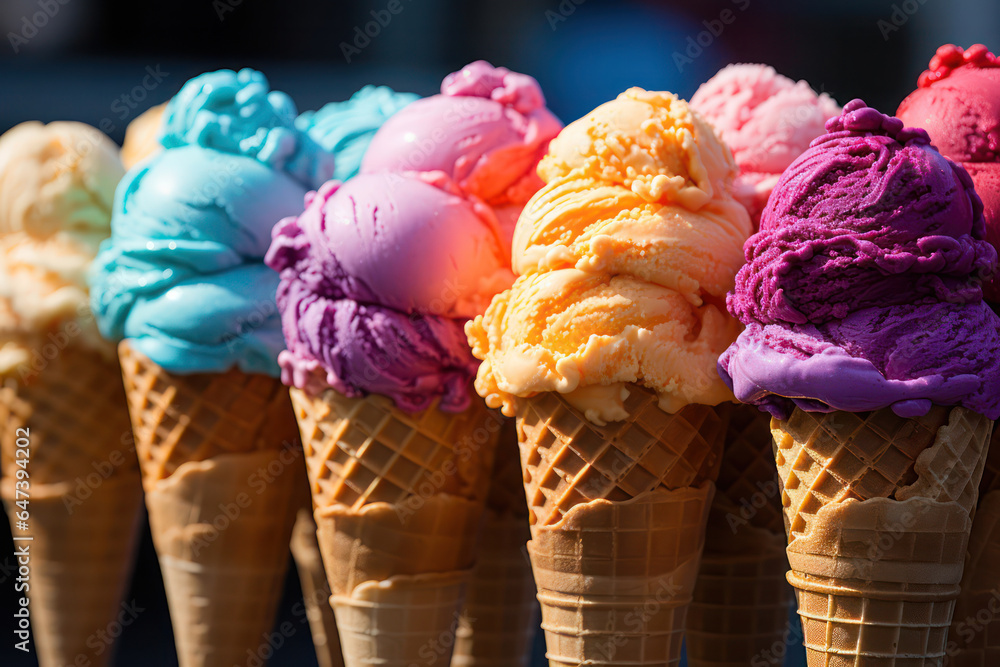 A colorful display of vegan ice cream scoops in a variety of flavors, served in crispy cones or elegant bowls, tempting ice cream enthusiasts with their creamy textures and delightful taste | ACTORS: - obrazy, fototapety, plakaty 