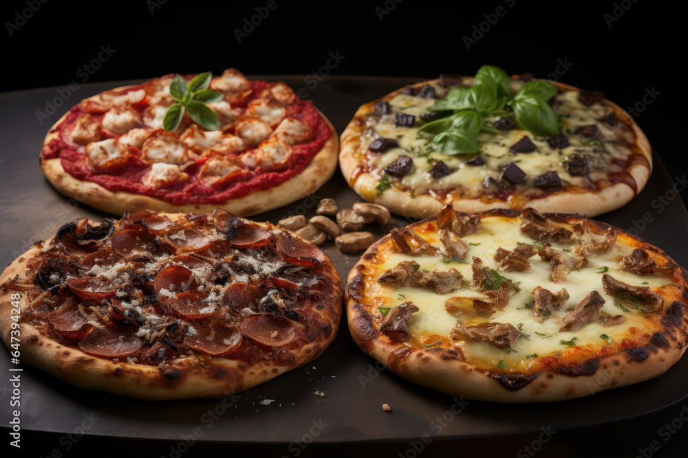 A variety of vegan pizzas with crispy crusts, flavorful tomato sauce, and a generous amount of plant-based cheese and toppings, showcasing the diversity and taste of vegan pizza options | ACTORS: Vega A variety of vegan pizzas with crispy crusts, flavorful tomato sauce, and a generous amount of plant-based cheese and toppings, showcasing the diversity and taste of vegan pizza options | ACTORS: Vega