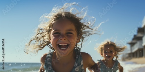 happy little children running along the beach on sunny day. Generative AI