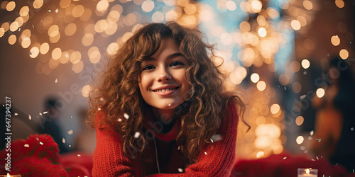 portrait of a woman with curly hair, smiling at a party, fairy lights